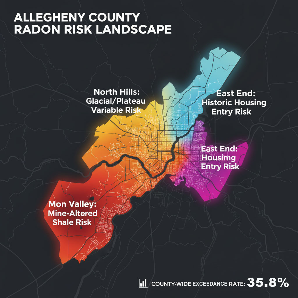 Conceptual map of Allegheny County showing varying radon risk profiles across the Mon Valley, North Hills, and East End neighborhoods
