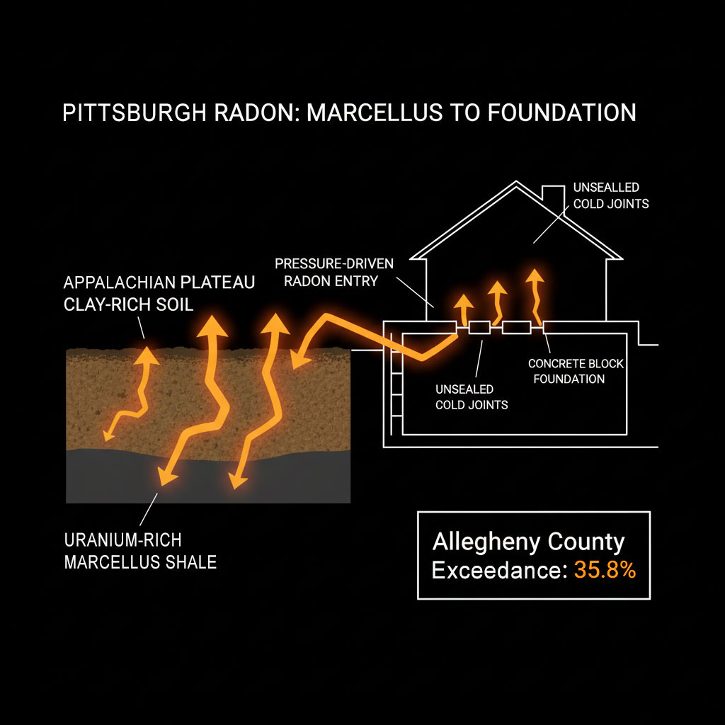 Diagram of radon gas migration from Marcellus Shale through Appalachian Plateau soil into a typical Pittsburgh concrete block foundation