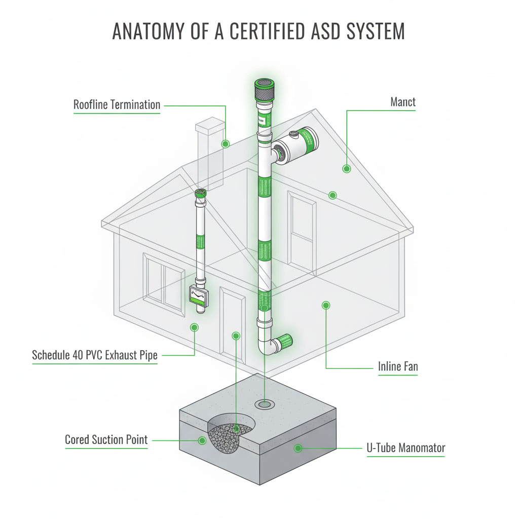 Labeled anatomy of a DEP-certified active sub-slab depressurization system including suction point, PVC piping, inline fan, U-tube manometer, and roof termination