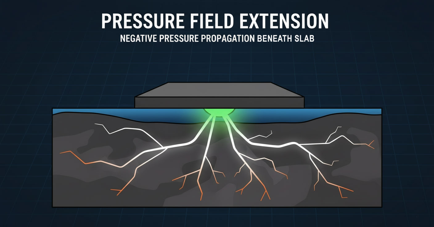 Diagram showing the pressure field extension of a radon mitigation system across a foundation footprint and the importance of full-perimeter negative pressure