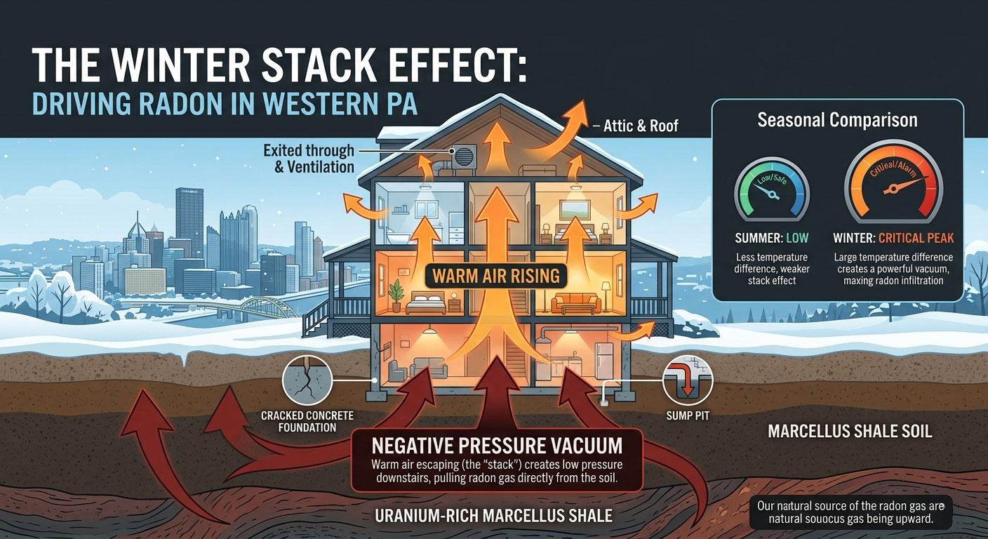 Diagram of the stack effect in a Pittsburgh home showing how rising warm air in winter creates a vacuum that draws radon from Marcellus Shale soil into the basement